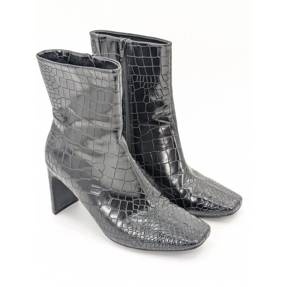 Seven Dials Black Patent Faux Leather Croc Square Toe Mid-Calf Boots Nicole 7